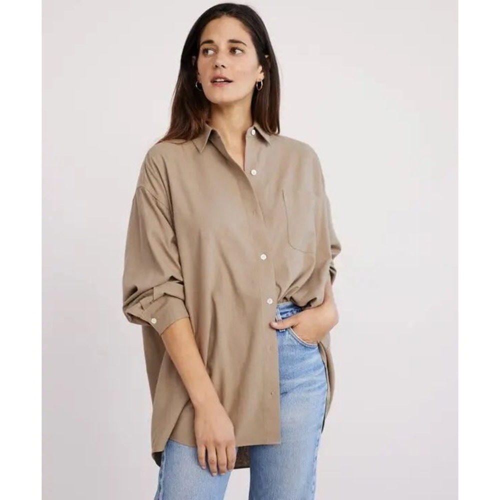 Jenni Kayne Oversized Boyfriend 100% Raw Silk Button Down Shirt Cream Oatmeal M